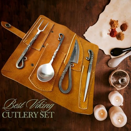 Hand Forged Viking Cutlery Set Knife Knives Black Silverware Set With Leather Cover- Medieval 4 Pcs Kitchen Utensils Set, Viking Cutlery Set Knife Spoons And Forks Set- Dinnerware Sets