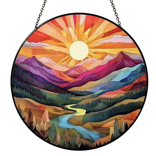 Sun Mountains Stained Glass Suncatchers for Windows Hanging, Boho Sun Glass Panel Hanging Decor Boho Gifts for Women, for Couples Housewarming Wedding Gift Decoration for Home Garden Boho 2