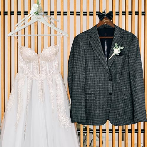 Groom Bride Hanger for Wedding Dress or Suit - 2 Pack Wedding Hangers Gifts Accessories - Bridal Hanger with Bow Tie & Exquisite Wrist Flower for Bridal Party White/Black