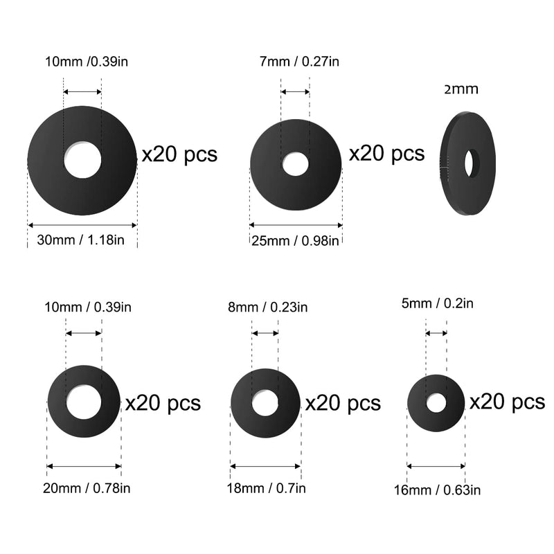 [Australia - AusPower] - 100 Pcs Black Flat Rubber Washers Assortment Kit, 16/18/20/25/30mm Heavy Duty Rubber Washers Rubber Grommet Vibration Damping Pads for Shower Head Garden Faucet Plumbing Washers Repair (5 Sizes) 