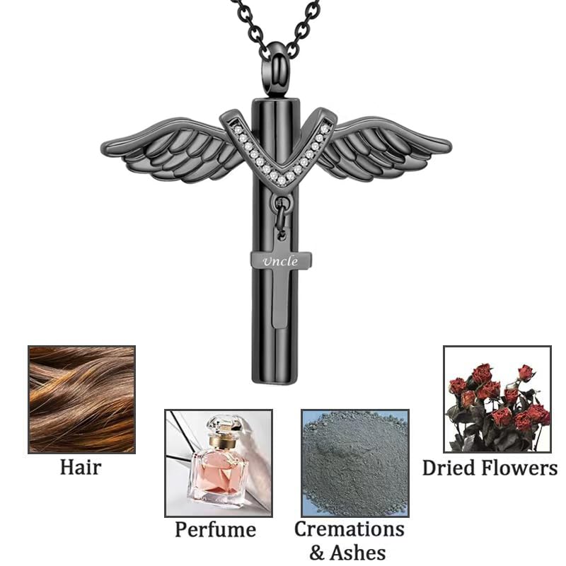 Cross Urn Necklace for Mom Dad Grandma Grandpa Brother Uncle Aunt Angel Wings Cremation Pendant Memorial Keepsake Jewelry