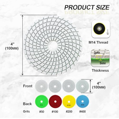 Wet Diamond Polishing Discs - 12 Pieces 100 mm Diamond Polishing Pad Grit 50 x 4/100 x 4/200 x 2/400 x 2 with M14 Support Pad + Adapter for Granite Marble Artificial Stone Quartz for Angle Grinder Set2