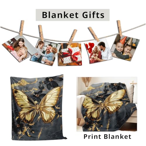 Printed Bed Blanket Black Gold Butterfly Throws Soft Flannel Blanket Butterfly Love Gifts Butterflies Decor for Couch Bed (49"x59") 49"x59"