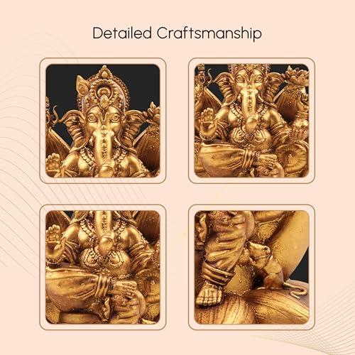 Artarium Padma Ganesh Idol 4.3 Inch, Golden Lord Ganesha Statue on Lotus, Ganpati Murti for Home Temple, Car Dashboard, Office Desk, Meditation Altar & Spiritual Gift #2 Padama Ganesha Idol