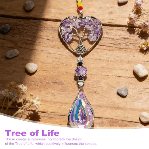 Tree of Life Natural Chakra Healing Crystal Window Decor, Amethyst Sun Catchers for Windows, Gemstone Pendant Rainbow Maker Hanging Crystal Spiritual Gifts for Women, Window Decor