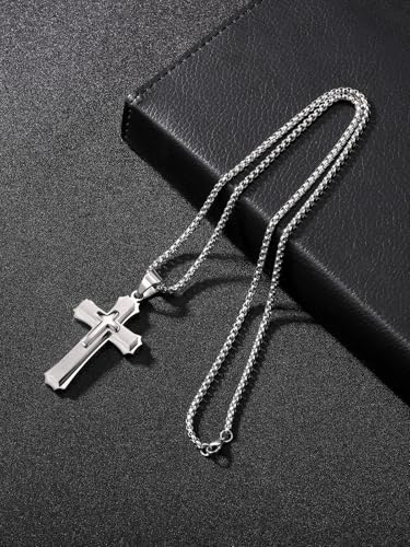 Jovivi Mens Cross Necklace for Men,Stainless Steel Silver Cross Crucifix Pendant Chain Necklace for Boys Men's Christian Confirmation Baptism Cross Chain Jewellery Easter Gifts Silver Cross Necklace