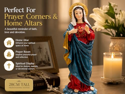 JRose Collections Virgin Mary Sacred Heart Statue 28cm – Hand Painted Resin Catholic Religious Figurine with Gold Halo – Our Lady Ornament for Prayer Altar, Home, Church, Memorial & Christian Gift