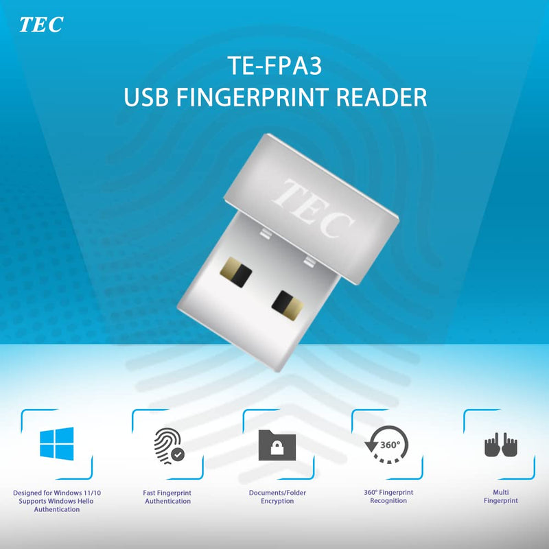[Australia - AusPower] - TEC TE-FPA3 Mini USB Fingerprint Reader Compatible with Windows 11 & 10, 360° Touch Speedy Matching Biometric Scanner for Password-Free Login and File Encryption 