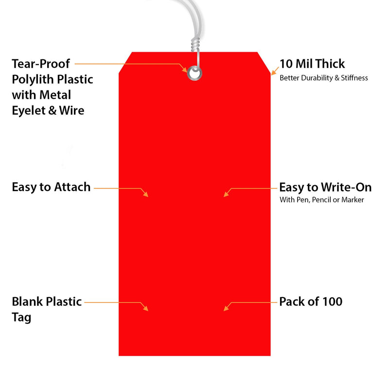 SmartSign (Pack of 100) Red Plastic Tags with Wires, 6.25 x 3.125 inch, Metal Eyelet, 10 mil Tear-Proof Polylith Plastic, Writable