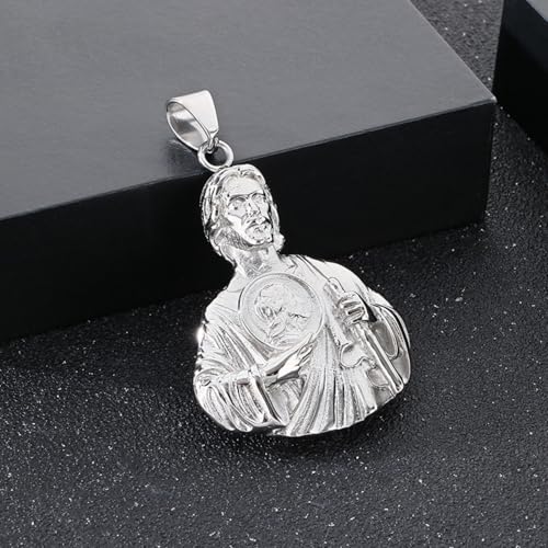 Religious Protection St. Jude Pendant Necklace - Titanium Steel Gold/Silver Tone Hip Hop Cuban Chain, Christian Saint Jewelry for Men Women Silver