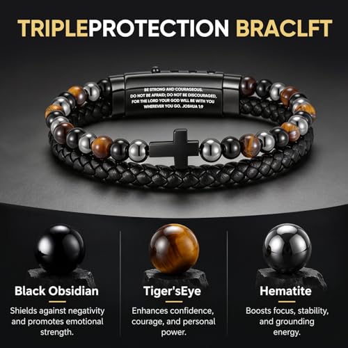 VNOX Rosary Bracelet for Men with Hematite,Mens Christian Cross Bracelet JOSHUA19