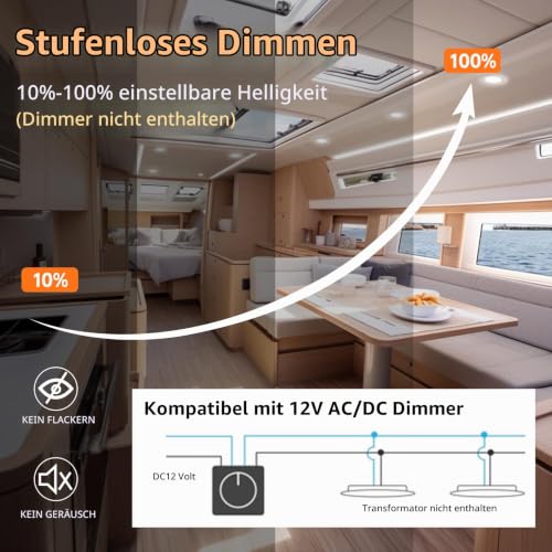 YindaLux 6x LED Recessed Spotlights 12 V DC White 3 W 3000 K Dimmable Hole 55-58 mm | 300 lm, warm white, 2 m cable, aluminium housing, round, spot for caravan, boat, kitchen, wardrobe, without transformer 3000K 6 Stück