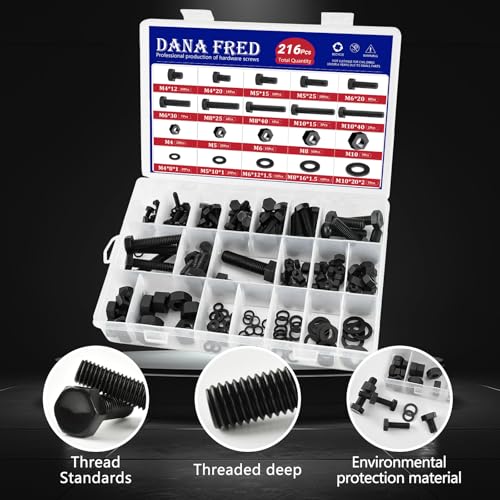 DANA FRED 216-piece black nylon hex screw, nut and washer kit, M4-M10 metric assortment for PCB boards
