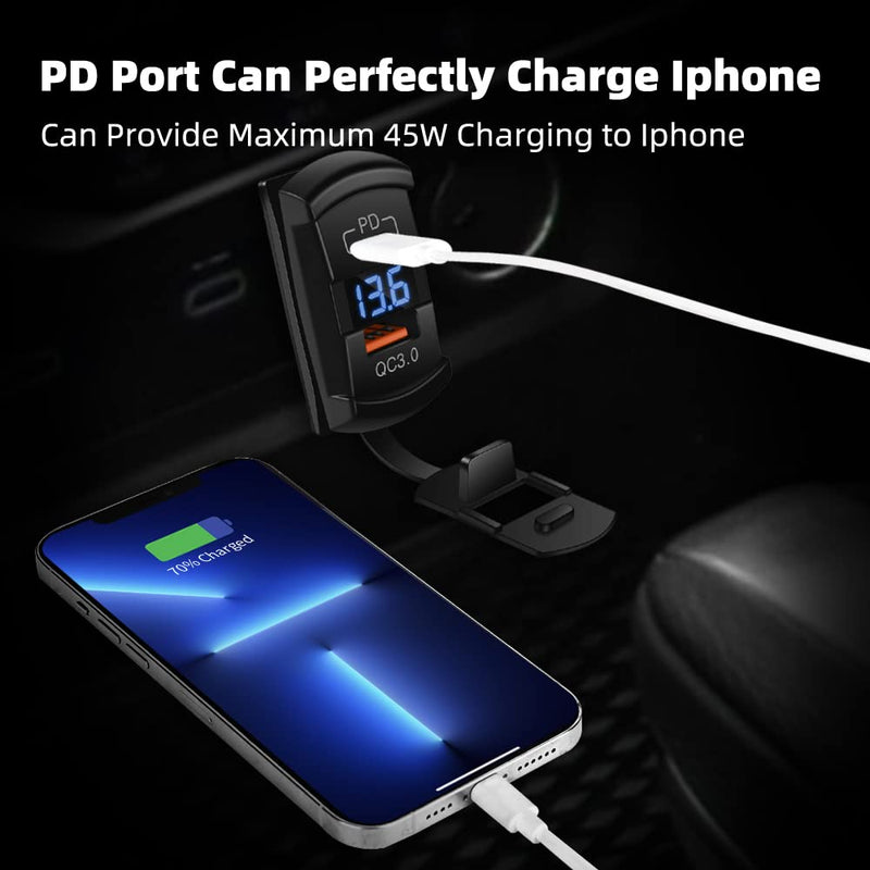 CNAODUN USB Rocker Switch USB C Charger Socket with Waterproof Cover Dual PD and QC3.0 12V/24V Blue Led Voltmeter for Rocker Type Marine Switch Panel On Marine Rv Vehicles… Type C+QC3.0