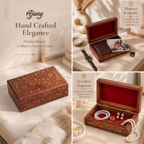 Ajuny Hand Carved Wooden Decorative Jewelry Storage Box with Floral Carvings Design Brass Inlay Keepsake Travel Treasure Chest Trinket Holder Organiser Great Gifts 8 x 5 Zoll
