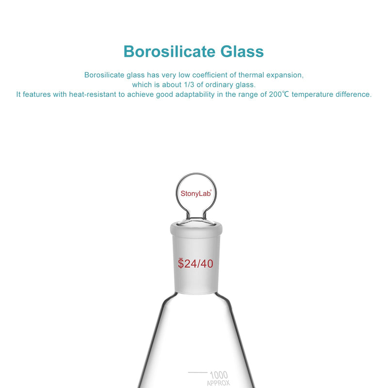 stonylab Glass 24/40 Erlenmeyer Flask with Stopper, 1000 ml Borosilicate Glass Heavy Wall Flask with 24/40 Standard Taper Outer Joint and Glass Stopper