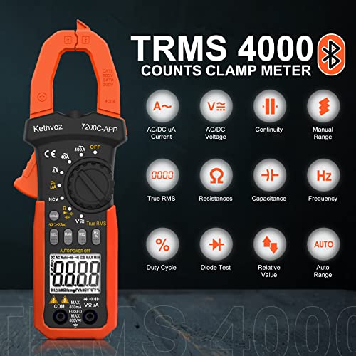 Bluetooth Clamp Meter, Kethvoz 4000 Counts TRMS Clamp Multimeter Auto Range Measurement 0-400A DC/AC Current Voltage Ohm Capacity Continuity NCV, Digital Clamp Ammeter