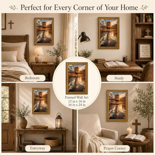 Lion of Judah Jesus Wall Art, Gold Framed Christian Decor, 12x16 inch 16"L x 12"W