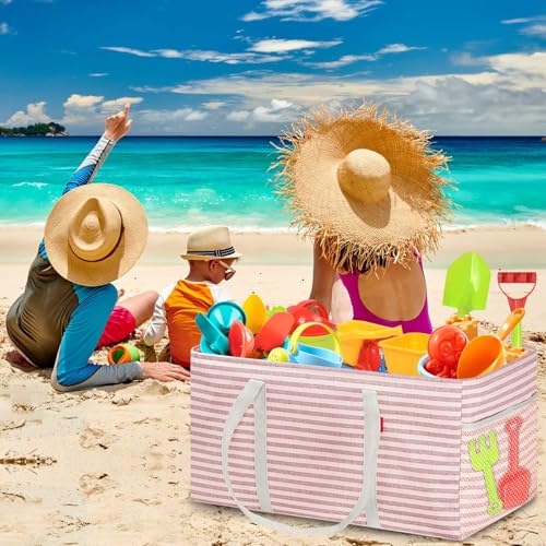 LHZK Standing Extra Large Utility Tote Bag with Metal Wire Frame and the Sides Rinforced, Extra Large Tote Bag with Handle, Reusable Grocery Bags Foldable, Beach Bag, Car Tote (Pink, 26''x15''x13'') Pink 26''x15''x13''-1 Pack