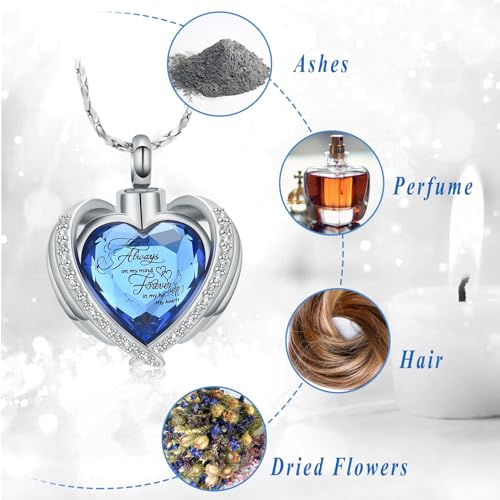 Cremation Jewellery for Ashes Pendant Crystal Heart Urn Necklace with Mini Keepsake Urn Memorial Ash Jewellery Silver blue-always