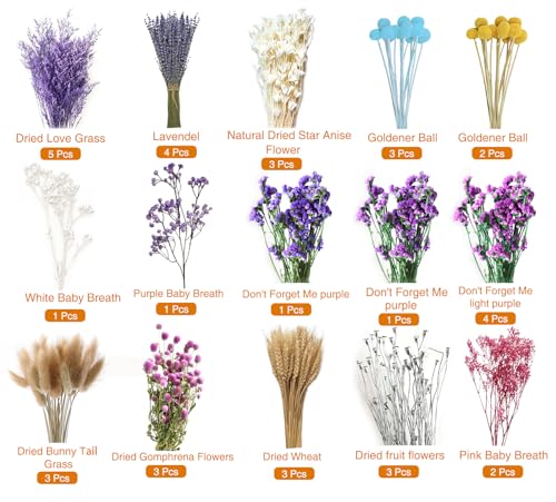 Dried Flowers Bouquet 39 Pcs Purple Dried Flowers 15 Kinds Set for Home Decor Table Boho Natural Flowers for Living Room Decor Wedding Arrangement and Craft Projects