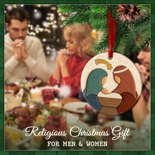 Nativity Christmas Ornament 2026 - Holy Family Ceramic Ornament with Mary, Joseph and Jesus - Religious Church Decoration, Christian Manger Scene Keepsake