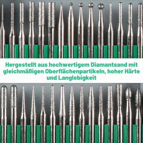 Set of 30 diamond cutters, 1/8 inch shank, grinding pins, mini cutters | Grinding attachments, diamond cutters, grinding pins, deburring tools, for stone, glass, ceramic, carving, grinding, polishing, engraving, drilling