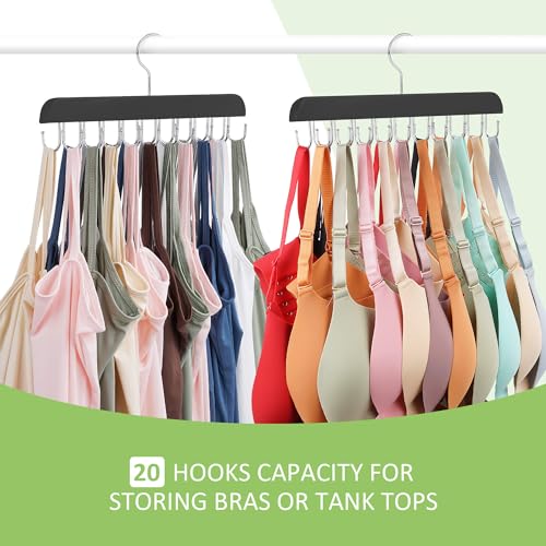 Bra Hanger for Closet, Tank Top Hanger 20 Hooks Capacity Sturdy Wood Space Saving Hanger Sport Bras Holder, Closet Organizers and Storage, Black 3 Pack