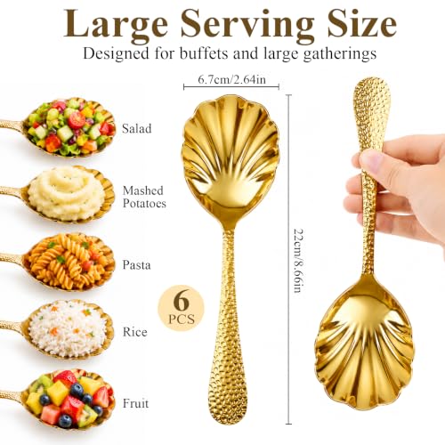 6Pcs Large Gold Serving Spoons, Hammered Serving Spoons for Buffet