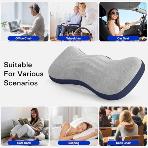 Lumbar Support Pillow for Bed, Memory Foam Pillows for Back Pain Relief, Lower Back Pain Relief Pillow for Sleeping, Adjustable Lumbar Pillow for Sleeping, Bed, Car, Couch (Grey - Navy Blue) Grey - Navy Blue
