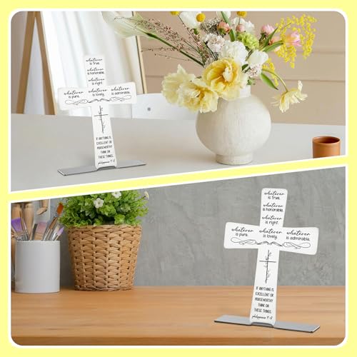 FSB084 Christian Sign with Bible Verse, Philippians 4:8, Modern Woman Scripture Farmhouse Decor, Christian Home Decor - Cross Sign for Desk Decor