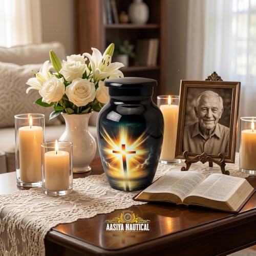 Aluminum Cremation Urn for Human Ashes – Black Urn with Radiant Christian Cross Design, Decorative Memorial Funeral Urn for Adult, Home or Burial