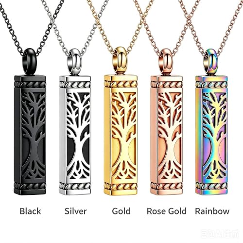 Tree of Life Vertical Bar Urn Pendant Memorial Ashes Necklace for Men Women Rose Gold