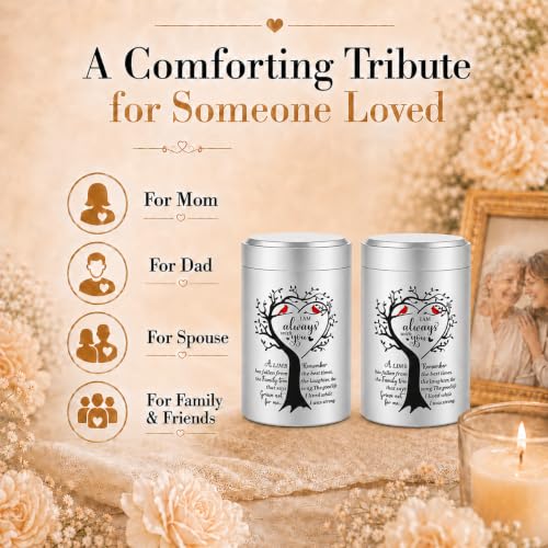 Set of 2 Small Urns for Human Ashes Keepsake, 3.62 Inch Mini Cremation Urns for Human Ashes, Memorial Funeral Sharing Keepsake Urns Set with Two Cardinal Birds, Silver 2 Pack - Heart-Silver