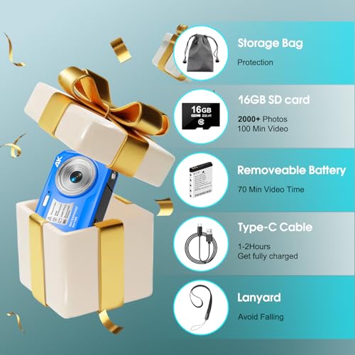 4K Underwater Camera, 64MP 16FT Waterproof Camera, 16GB Card, Blue