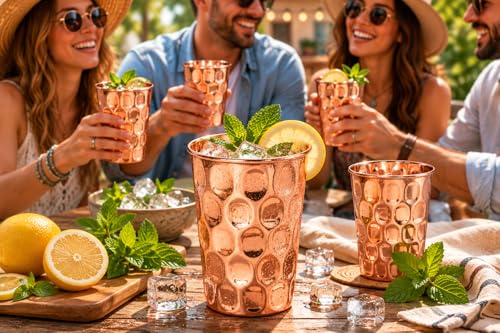 100% Pure Copper Glasses, Set of 2, 9 oz each, Hammered Glass - Mirror Pattern (Pack of 2) 9 Ounces