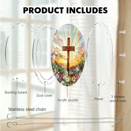 Christian Acrylic Puzzle Suncatcher,Cross Flower Sun Catcher Puzzle Kit for Adults,Faith Window Hanging Puzzles,Christian Decor, Inspirational Gifts for Women Family Friends,7.3 in Christian
