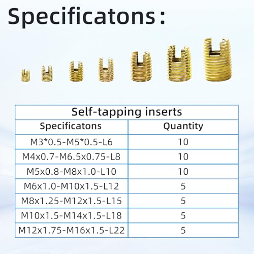 Flylin M3-M12 stainless steel self-tapping thread insert set, 50 pieces for internal threading