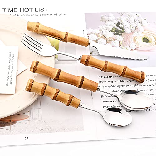 24-PIECE Silver Polish Flatware Set With Natural Bamboo Handle, Basic Chinoiserie Tableware Set For Daily Dining And Kitchen, Service for 6 24pcs Service for 6