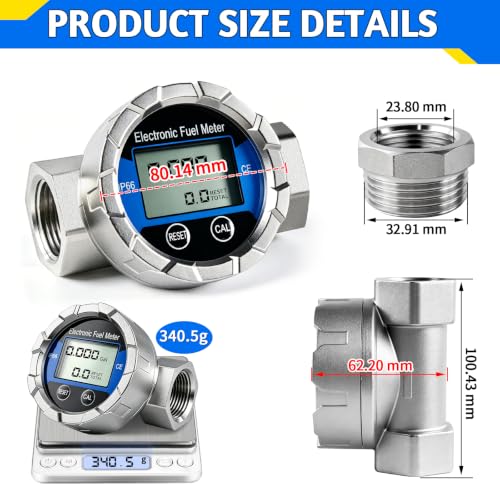 Boltigen 1-inch blue fuel flow meter with 1-inch male to 3/4-inch female NPT adapter