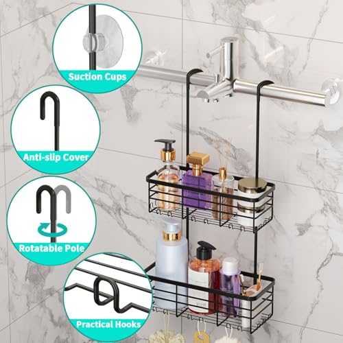 HapiRm Hanging Shower Caddy Organizer - No Drilling Shower Organizer with Hooks, Rustproof & Waterproof 304 Stainless Steel Bathroom Shelves - Black 2 Basket