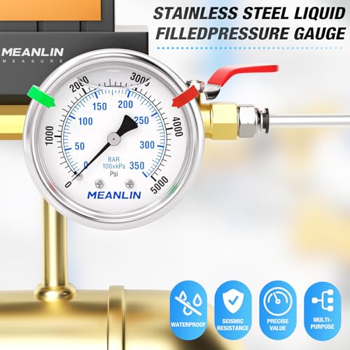 MEANLIN MEASURE 0-5000 PSI liquid-filled stainless steel pressure gauge, 2-inch dial with center back mount