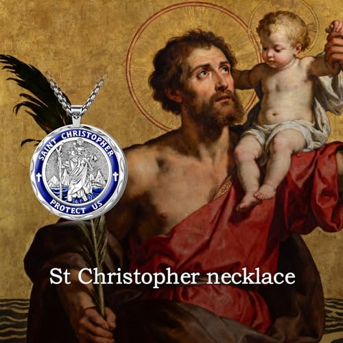 Catholic Saint Medal Necklace Religious Pendant Collection Saint Christopher Round - Silver Blue
