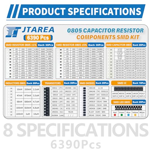 6390pcs SMD 0805 Resistor Capacitor LED Diode IC Transistor Inductor Diodes SMT Resistors Assortment Electronic Component Kit