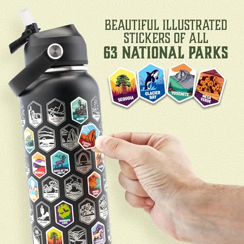 Trekking The National Parks Water Bottle with 63 Waterproof Stickers & 3 Lids (Straw, Spout, & Chug) | 32 Oz Insulated Wide Mouth Stainless Steel Bottle for Camping & Hiking | BPA-Free and Leak-Proof Black