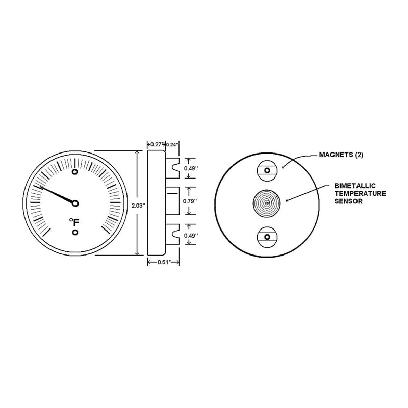 [Australia - AusPower] - PIC Gauges B2MS-Q Black Steel Case Surface Mount Thermometer, Magnetic Connection, 2" Dial, 50/500° F Temperature Range 0 - 500 Deg F 