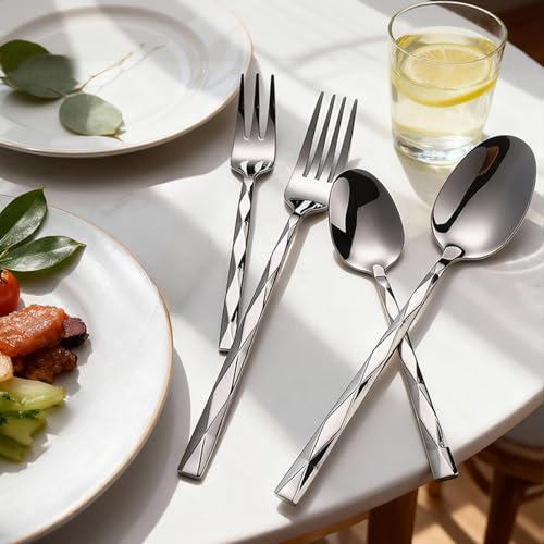 12-Piece Stainless Steel Spoon and Fork Set for Everyday Home Use, Diamond Cut Mirror Polished Heavy Duty Dinnerware, 6x8" Large Forks & Spoons, Dishwasher Safe Flatware Set for Kitchen Restaurant 12PCS (6 Spoons + 6 Forks) 8.26 Inch