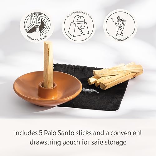 Luna Sundara Handmade Ceramic Palo Santo Holder with 5 Sticks, Brown