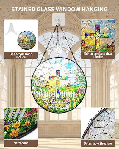 7.8" Christian Bible Verse Stained Glass Window Hanging Cross&garden 7.8 inch