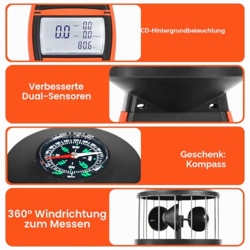 Handheld Wind Gauge, GR-878 Digital Anemometer Shows Wind Temperature, Air Volume, Wind Speed/Direction with LCD Backlight and Compass for HVAC Weather Monitoring